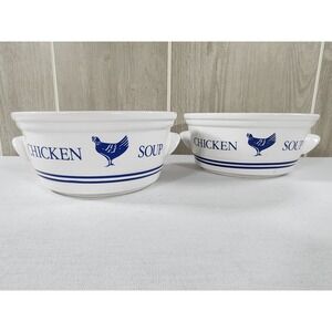 FTD Chicken Soup Bowls Set of 2 White Blue Farmhouse Ceramic Handles Vintage